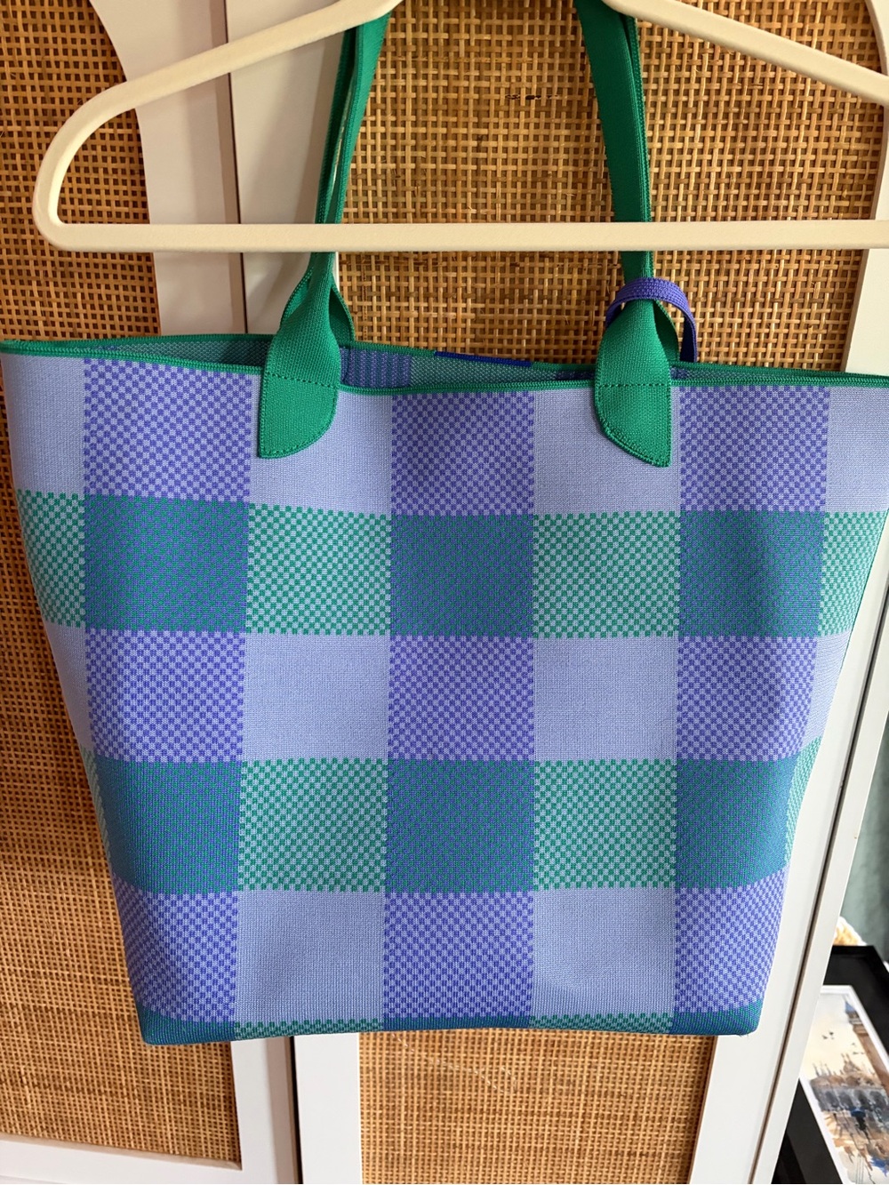 Rothy’s Green and Periwinkle Checkered lightweight Tote Bag